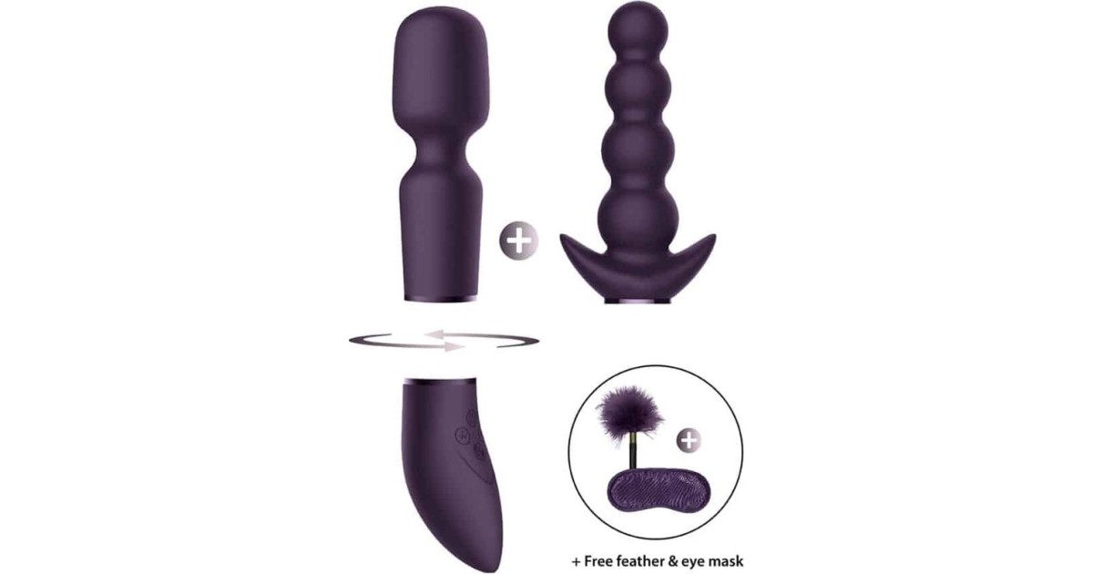 vibratori design-Vibratore Multifunzione in Silicone Viola Set 3 Pezzi con Piumino e Mascherina Switch N.3-LaChatte.it