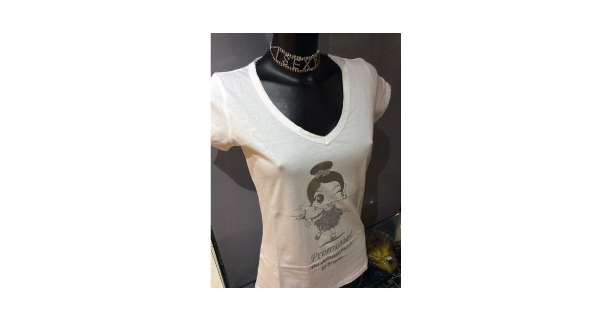  taglia Large-TAGLIA L T-Shirt bianca scollo V in cotone strass e glitter argento-LaChatte.it