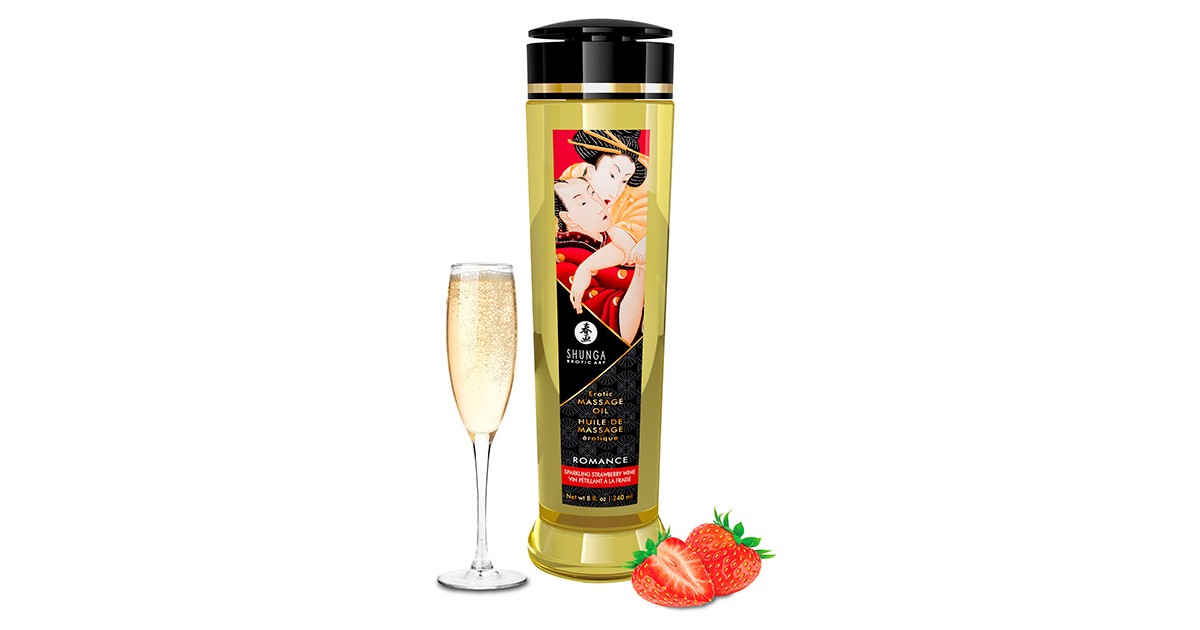 olii per massaggi-Olio massaggi Shunga ROMANCE fragranza fragola e vino frizzantino 240 ML-LaChatte.it