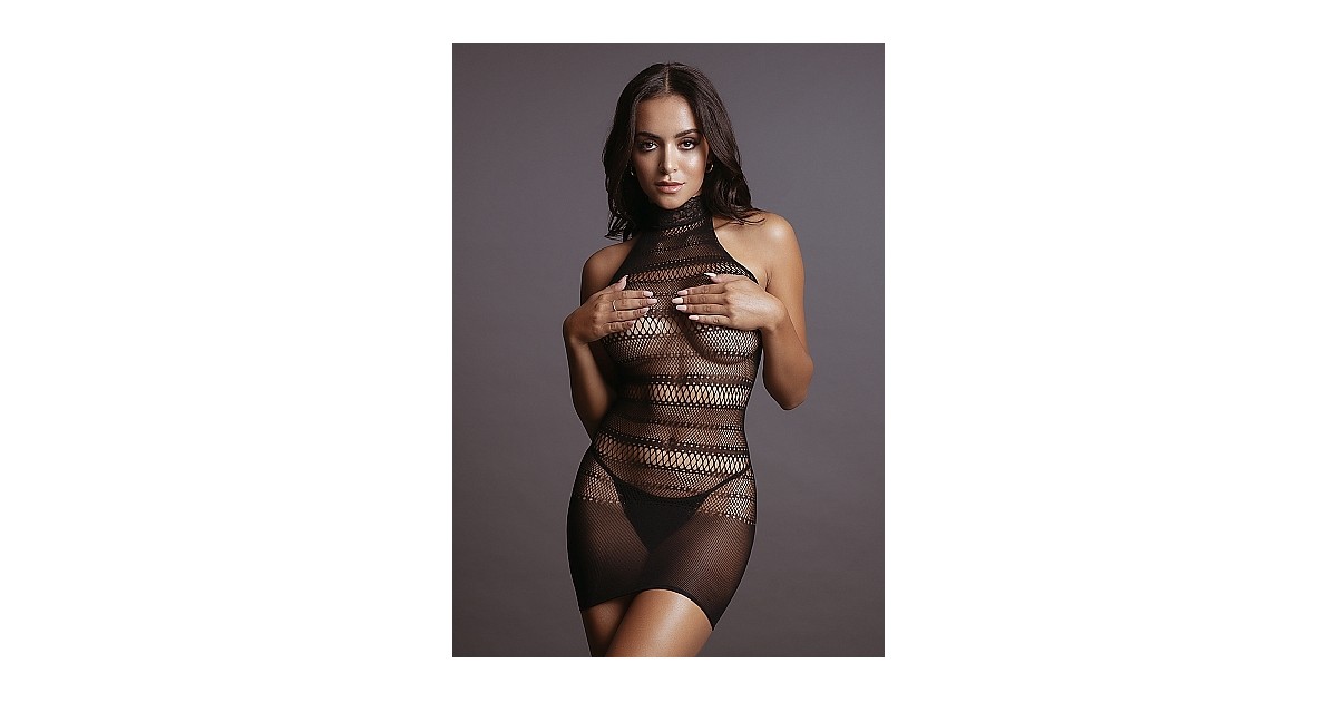 bodystocking-Mini Abito con Collo Alto e Motivo a Rete e Righe Sexy-LaChatte.it